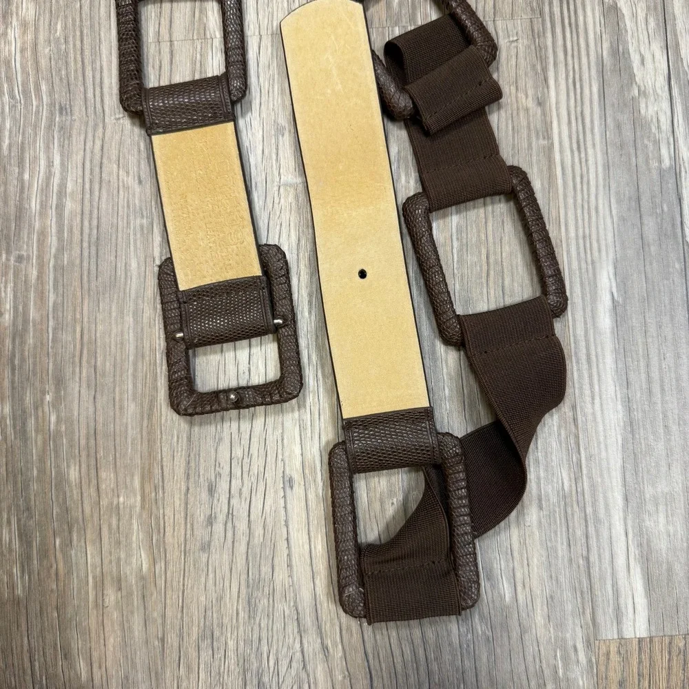 Chico's Y2K Brown Elastic Stretch Waist Belt Faux Leather Square Link Medium